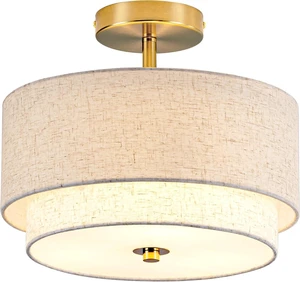 Zlepmlla 12.6'' Semi Flush Mount Ceiling Light, Gold Light Fixture with Two Layers Fabric Linen Shade, 3-Light Drum Light Fixture for Entryway Bedroom Hallway Foyer Kitchen Zlepmlla 12.6'' Semi Flush Mount Ceiling Light, Gold Light Fixture with Two Layers Fabric Linen Shade, 3-Light Drum Light Fixture for Entryway Bedroom Hallway Foyer Kitchen