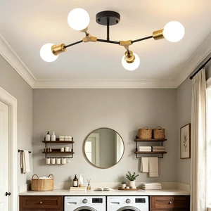 Modern Mid Century Gold and Black Semi Flush Mount Ceiling Light Fixture