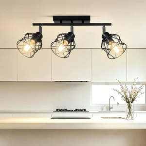 3-Lights Semi Flush Mount Ceiling Light, Adjustable Kitchen Light Fixtures Ceiling Mount with Metal Cage, Vintage Multi-Directional Black Track Lighting Fixtures for Hallway, Foyer, Bedroom 3-Lights Semi Flush Mount Ceiling Light, Adjustable Kitchen Light Fixtures Ceiling Mount with Metal Cage, Vintage Multi-Directional Black Track Lighting Fixtures for Hallway, Foyer, Bedroom