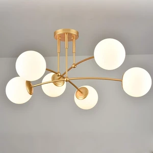 CLAXY Mid Century Gold Ceiling Light Semi Flush Mount Opal Globe Chandelier CLAXY Mid Century Gold Ceiling Light Semi Flush Mount Opal Globe Chandelier