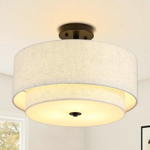 16" Semi Flush Mount Ceiling Light Fixture, 3-Light Gold Flush Mount Ceiling Light with Double Drum Linen Shades for Entryway Dining Room Bedroom Kitchen Hallway Living Room, E26 Socket 16" Semi Flush Mount Ceiling Light Fixture, 3-Light Gold Flush Mount Ceiling Light with Double Drum Linen Shades for Entryway Dining Room Bedroom Kitchen Hallway Living Room, E26 Socket