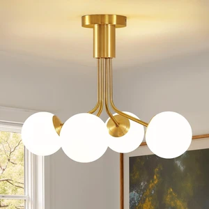 4 Lights Modern Chandelier Gold Semi Flush Mount Ceiling Light Fixture Sputnik Chandelier with Milky Frosted Glass Globe for Dinning Room Living Room Bedroom Hallway Entryway Kitchen 4 Lights Modern Chandelier Gold Semi Flush Mount Ceiling Light Fixture Sputnik Chandelier with Milky Frosted Glass Globe for Dinning Room Living Room Bedroom Hallway Entryway Kitchen
