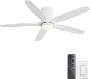 WINGBO 54" Flush Mount Ceiling Fan with Light - 5 Carved Solid Wood Blades, 6-Speed Reversible DC Motor, Dimmable, 3CCT, Low Profile Ceiling Fans with Lights for Bedroom Living Room, White