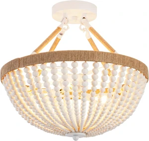 Wood Beaded Mini Chandelier Farmhouse Bohemia Semi Flush Mount Ceiling Light Rustic 3-Light Ceiling Lighting Fixtures for Bedroom Dining Nursery Room Girl Room Hallway, White, Dia 15 Inch Wood Beaded Mini Chandelier Farmhouse Bohemia Semi Flush Mount Ceiling Light Rustic 3-Light Ceiling Lighting Fixtures for Bedroom Dining Nursery Room Girl Room Hallway, White, Dia 15 Inch