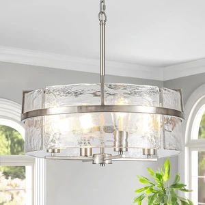 Glass Drum Chandeliers for Dining Room,19.7" Water Ripple Glass Chandelier