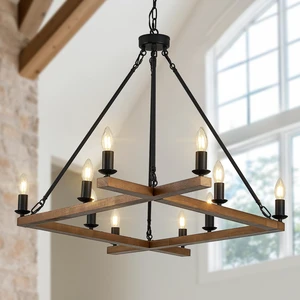 Oak 53" Wooden Square Chandeliers 10-Light Candle Chandelier