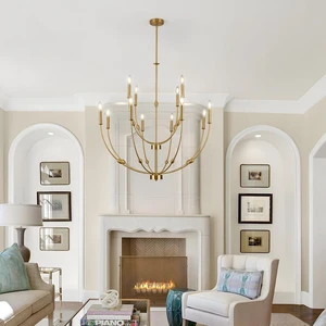 12-Light Modern Farmhouse Brushed Brass Chandelier for High Ceilings 12-Light Modern Farmhouse Brushed Brass Chandelier for High Ceilings