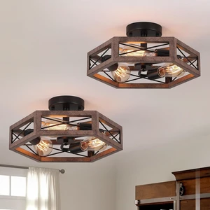 2 Pack 3-Light Rustic Farmhouse Metal Flush Mount Ceiling Light Fixture 14.5 inch Antique Oak Hexagon Cage Semi Flush Mount Ceiling Light for Hallway Hall Entry Bedroom Kitchen Farmhouse, Black 2 Pack 3-Light Rustic Farmhouse Metal Flush Mount Ceiling Light Fixture 14.5 inch Antique Oak Hexagon Cage Semi Flush Mount Ceiling Light for Hallway Hall Entry Bedroom Kitchen Farmhouse, Black
