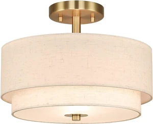 XiNBEi Lighting 13" Linen Drum Semi Flush Mount Light for Dining, Brass XiNBEi Lighting 13" Linen Drum Semi Flush Mount Light for Dining, Brass