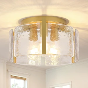 15" Gold Semi Flush Mount Ceiling Light, 3-Light Drum Glass Dimmable