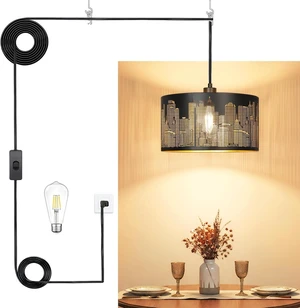 Qingmiao Black Plug in Pendant Light, 3 Way Bulb, 14ft Cord, On/Off Switch Qingmiao Black Plug in Pendant Light, 3 Way Bulb, 14ft Cord, On/Off Switch