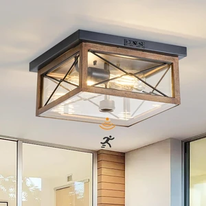 Motion Sensor Outdoor Flush Mount Ceiling Light, Industrial Glass Rustic Wood-Like Finish 2-Light Ceiling Lamp for Porch, Entryway, Garage, Timer and Sensitivity Adjustable Motion Sensor Outdoor Flush Mount Ceiling Light, Industrial Glass Rustic Wood-Like Finish 2-Light Ceiling Lamp for Porch, Entryway, Garage, Timer and Sensitivity Adjustable