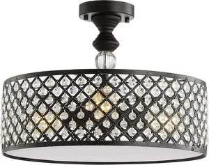 JONATHAN Y Elise 17" 3-Light Semi-Flush Mount, Metal Crystal Drum, Black JONATHAN Y Elise 17" 3-Light Semi-Flush Mount, Metal Crystal Drum, Black