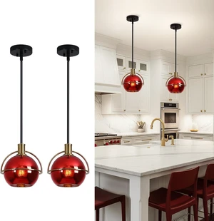 2 Pack Modern Red Glass Pendant Lights Kitchen Island, Black & Gold Hanging Light Fixture with Adjustable Rod, Globe Hanging Pendant Light for Dining Room Bar Bedroom, E26 Base 2 Pack Modern Red Glass Pendant Lights Kitchen Island, Black & Gold Hanging Light Fixture with Adjustable Rod, Globe Hanging Pendant Light for Dining Room Bar Bedroom, E26 Base