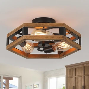 3-Light Rustic Farmhouse Wood Flush Mount Ceiling Light Fixture 14.5 inch Oak Wood and Metal Hexagon Cage Semi Flush Mount Ceiling Light for Hallway Hall Entry Bedroom Kitchen Farmhouse, Black 3-Light Rustic Farmhouse Wood Flush Mount Ceiling Light Fixture 14.5 inch Oak Wood and Metal Hexagon Cage Semi Flush Mount Ceiling Light for Hallway Hall Entry Bedroom Kitchen Farmhouse, Black