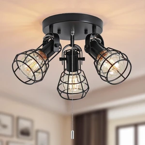 KEESFU 3-Light Semi Flush Mount Ceiling Light, Industrial Black Metal Cage Ceiling Light Fixture with Pull Chain, Adjustable Multi-Directional E26 Socket for Kitchen, Bedroom, Hallway, Dining Room