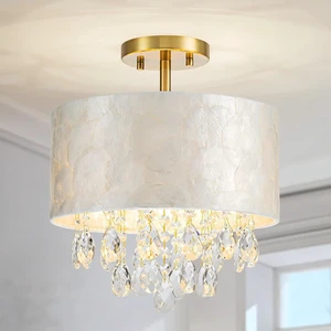 LumFurn D12in Drum Capiz Shell Crystal Ceiling Light, 3-Light Coastal Style Semi-Flushmount Light Fixture for Hallway, Entryway & Bedroom, K9 Crystal & Shell Lampshade & Gold Finish Frame LumFurn D12in Drum Capiz Shell Crystal Ceiling Light, 3-Light Coastal Style Semi-Flushmount Light Fixture for Hallway, Entryway & Bedroom, K9 Crystal & Shell Lampshade & Gold Finish Frame