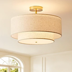 16" Double Drum Semi Flush Mount Ceiling Light, 3-Light Classic Fabric Linen Shade Design Farmhouse Gold Light Fixture for Living Room, Bedroom, Kitchen, Dining Room, Entryway, Hallway 16" Double Drum Semi Flush Mount Ceiling Light, 3-Light Classic Fabric Linen Shade Design Farmhouse Gold Light Fixture for Living Room, Bedroom, Kitchen, Dining Room, Entryway, Hallway