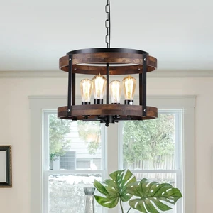 4-Light Large Rustic Farmhouse Wood Pendant Light Fixture with Adjustable Chain, 16.5 inch Oak Wood Drum Chandelier for Dining Room Kitchen Island Farmhouse Living Room Hallway, Black 4-Light Large Rustic Farmhouse Wood Pendant Light Fixture with Adjustable Chain, 16.5 inch Oak Wood Drum Chandelier for Dining Room Kitchen Island Farmhouse Living Room Hallway, Black
