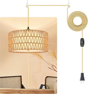 13" Gold Plug in Pendant Light, Boho Rattan Farmhouse Hanging Lamp 13" Gold Plug in Pendant Light, Boho Rattan Farmhouse Hanging Lamp