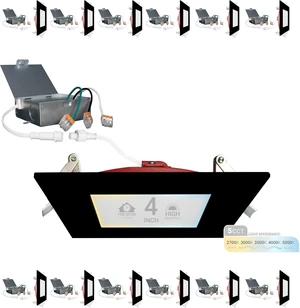 NUWATT 12 Pack 4" 2 HR Fire Rated Black Square LED Wafer Lights 2700K-5000K