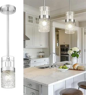 LMS Brushed Nickel Pendant Lights Kitchen Island, 1-Light Modern Glass Pendant Light Fixtures with Hammered Glass, Adjustable Mini Hanging Light for Kitchen Island Sink Bathroom, LMS-199 LMS Brushed Nickel Pendant Lights Kitchen Island, 1-Light Modern Glass Pendant Light Fixtures with Hammered Glass, Adjustable Mini Hanging Light for Kitchen Island Sink Bathroom, LMS-199