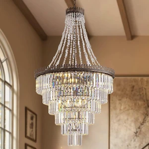 French Empire Vintage Crystal Staircase Chandelier, Antique Bronze High Ceiling Chandelier for Foyer Entryway Hallway Entrance Living Room, Foyer Lighting Fixtures, 28" W x 48" H French Empire Vintage Crystal Staircase Chandelier, Antique Bronze High Ceiling Chandelier for Foyer Entryway Hallway Entrance Living Room, Foyer Lighting Fixtures, 28" W x 48" H