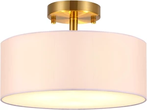 15 Inch Drum Light, Semi-Flush Mount Ceiling Light Fixture White Fabric Drum Shade and Gold Plating Finish,Ceiling lamp for Bedroom, Dining Room, Corridor, Living Room