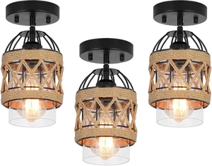 3 Pack Black Farmhouse Boho Semi Flush Mount Ceiling Light Fixtures,Hand-Woven Rattan Ceiling Light with Clear Glass Shade for Kitchen, Dining Room, Entryway, Bedroom Small Ceiling Lamp 3 Pack Black Farmhouse Boho Semi Flush Mount Ceiling Light Fixtures,Hand-Woven Rattan Ceiling Light with Clear Glass Shade for Kitchen, Dining Room, Entryway, Bedroom Small Ceiling Lamp