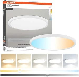 Sylvania 15" Dual Selectable Slim Ceiling Light Fixture, 24W/28W/32W, 2200/2600/3000 LMS, 5 Color Selectable (2700/3000 / 3500/4000 / 5000K), Dimmable, White Finish - 1 Pack (67282) Sylvania 15" Dual Selectable Slim Ceiling Light Fixture, 24W/28W/32W, 2200/2600/3000 LMS, 5 Color Selectable (2700/3000 / 3500/4000 / 5000K), Dimmable, White Finish - 1 Pack (67282)