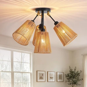 4-Light Rattan Ceiling Light, Boho Semi Flush Mount With Adjustable Arms