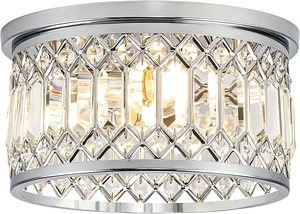 Modern Crystal Ceiling Light, 2-Light Chrome Flush Mount Light Fixture