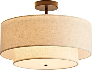 18" Semi Flush Mount Ceiling Light, Classic Fabric Linen Double Drum 3-Light, Farmhouse Black Light Fixture for Living Room, Bedroom, Kitchen, Dining Room 18" Semi Flush Mount Ceiling Light, Classic Fabric Linen Double Drum 3-Light, Farmhouse Black Light Fixture for Living Room, Bedroom, Kitchen, Dining Room