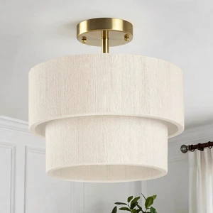 12.6 Modern Boho Rattan Style Drum Ceiling Light Fixture, White Woven Semi Flush Mount Chandelier Light for Bedroom Living Room Kitchen Dining Hallway Entryway, Coastal Ceiling Light Fixture