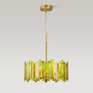 16" Tiffany Stained Glass Chandelier, Green Art Deco Light Fixture