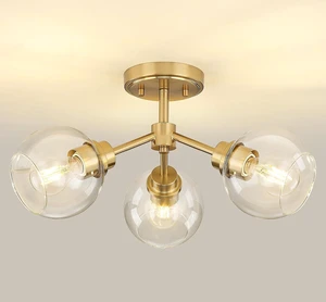 3-Light Gold Semi Flush Mount Ceiling Light, Clear Glass Globe Shade