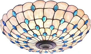 Blue Mediterranean Ceiling Lights Tiffany Style Semi Flush Mount Ceiling Light Fixture with 16-Inch Hand-Made Glass Shade for Bedroom Living Room Hotel,A Blue Mediterranean Ceiling Lights Tiffany Style Semi Flush Mount Ceiling Light Fixture with 16-Inch Hand-Made Glass Shade for Bedroom Living Room Hotel,A