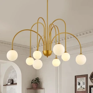 Modern Gold Sputnik Chandelier 8-Light Mid Century Chandeliers with Milk Glass Globe Shades Luxury Large Pendant Light Fixture for Foyer Dining Room Living Room Staircase