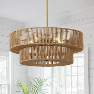 22" Boho Rattan Chandelier, 5-Light Gold Pendant Light 22" Boho Rattan Chandelier, 5-Light Gold Pendant Light