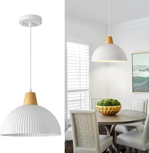 White Pendant Light Kitchen Island, 11.8" Wood Pendant Light Modern Farmhouse Dome Hanging Light for Dining Room Bedroom Bar Sink