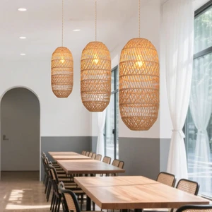 Rattan Pendant Light FixtureFarmhouse Chandelier Boho Handmade Rattan Hanging Ceiling Lamp Shade, Rustic Cottage Hand Woven Lampshade for Kitchen Island, Living Room, Bedroom, Hallway, Bar