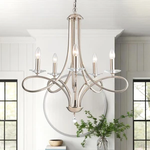 Modern Brushed Nickel Finish Chandeliers, 5-Lights Farmhouse Candle Scroll Arms Dining Room Light Fixture Industrial Ceiling Hang Light Fixture Modern Brushed Nickel Finish Chandeliers, 5-Lights Farmhouse Candle Scroll Arms Dining Room Light Fixture Industrial Ceiling Hang Light Fixture