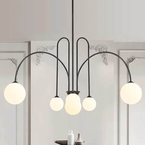 Black Sputnik Chandelier,6 Lights Modern Chandelier for Dining Room Mid Century Chandelier Large L49 Ceiling Pendant Light Fixtures with Milk Glass Globe Shades for High Ceiling Foyer Living Room