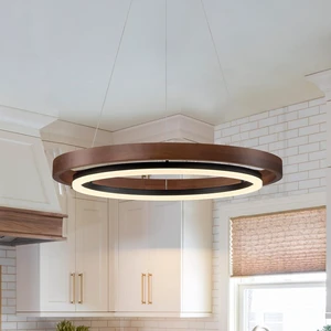 Modern LED Chandelier, 24" Dimmable Walnut Color Wood Pendant Light
