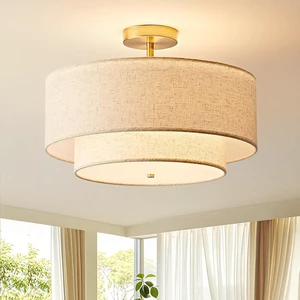 18 Inch Double Drum Large Semi Flush Mount Ceiling Light, 3-Light Classic Fabric Linen Shade Design Farmhouse Gold Light Fixture for Living Room, Bedroom, Kitchen, Dining Room 18 Inch Double Drum Large Semi Flush Mount Ceiling Light, 3-Light Classic Fabric Linen Shade Design Farmhouse Gold Light Fixture for Living Room, Bedroom, Kitchen, Dining Room
