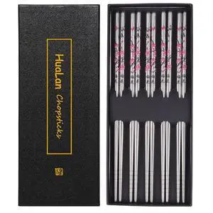 Stainless Steel Chopsticks, Metal Chopsticks, Reusable Non-slip Design Chop Sticks, 5 Pairs Gift Set,Plum Pattern Design Stainless Steel Chopsticks, Metal Chopsticks, Reusable Non-slip Design Chop Sticks, 5 Pairs Gift Set,Plum Pattern Design