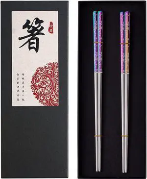 Metal Chopsticks Reusable Dazzling Rainbow Stainless Steel Chopsticks Titanium Plated Dishwasher Safe Fancy Laser Engraved Korean Japanese Chop Sticks Multicolor 2 Pairs Gift Set Metal Chopsticks Reusable Dazzling Rainbow Stainless Steel Chopsticks Titanium Plated Dishwasher Safe Fancy Laser Engraved Korean Japanese Chop Sticks Multicolor 2 Pairs Gift Set