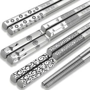 Metal Chopsticks Reusable 5 Pairs 18/8 Stainless Steel chop sticks silver | Dishwasher Safe,Non-Slip Grip,Good for Beginners,SUS304 Resistant to Rust,Square,Lightweight 9.25'' Metal Chopsticks Reusable 5 Pairs 18/8 Stainless Steel chop sticks silver | Dishwasher Safe,Non-Slip Grip,Good for Beginners,SUS304 Resistant to Rust,Square,Lightweight 9.25''