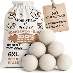 WoollyPals Dryer Balls (6-Pack, XL Size) - 100% New Zealand Wool - No More Dryer Sheets - Eco Dryer Balls - Reusable - Softens Laundry - Reduces Drying Time & Static - with Storage Bag (Plain White) WoollyPals Dryer Balls (6-Pack, XL Size) - 100% New Zealand Wool - No More Dryer Sheets - Eco Dryer Balls - Reusable - Softens Laundry - Reduces Drying Time & Static - with Storage Bag (Plain White)