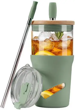 Glass Tumbler with Lids and Straws, 20 oz Iced Coffee Cup and Smoothie Cup with Bamboo Lid and On the go Lid,Glass Cups With Straws Glass Tumbler with Lids and Straws, 20 oz Iced Coffee Cup and Smoothie Cup with Bamboo Lid and On the go Lid,Glass Cups With Straws
